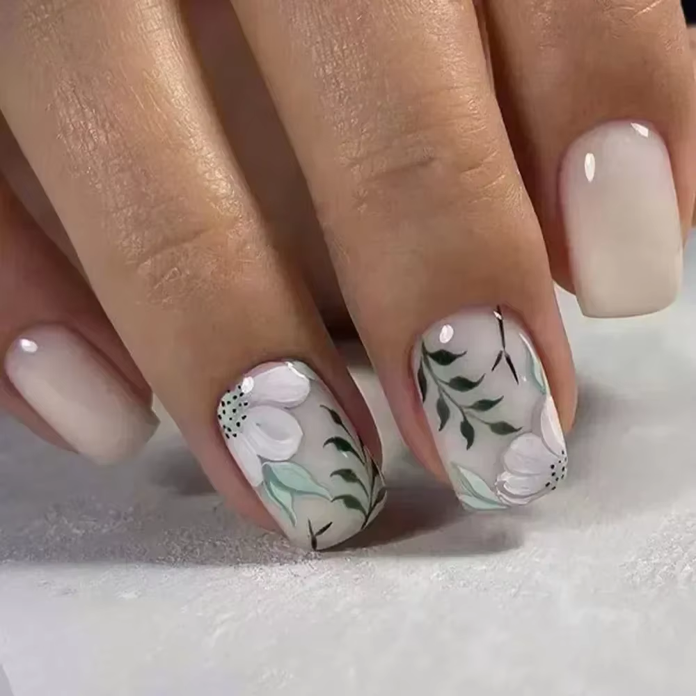 Faux ongles carrés courts en forme de fleur ambre, avec colle, dessins d'automne portables, à pressi
