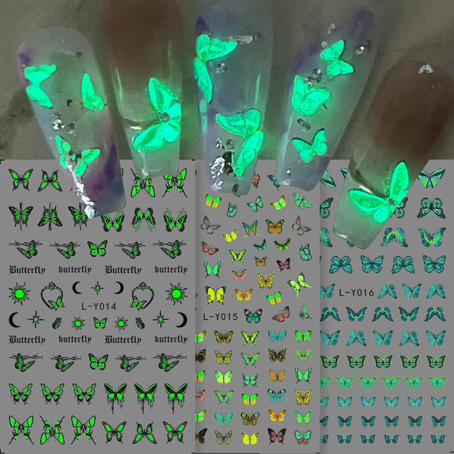 Autocollants pour ongles papillon lumineux, 3 pièces, série papillon bleu coloré, Design qui brille 