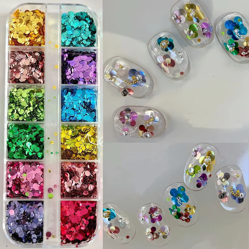 12 grilles de paillettes 3D colorées mini rondes pour ongles, flocons circulaires à pois, décoration