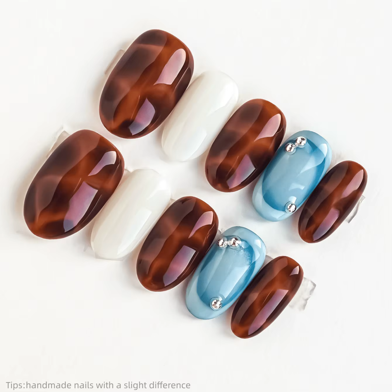 10 faux ongles courts ovales rétro de luxe faits à la main, motif écaille de tortue ambre bleu et bl