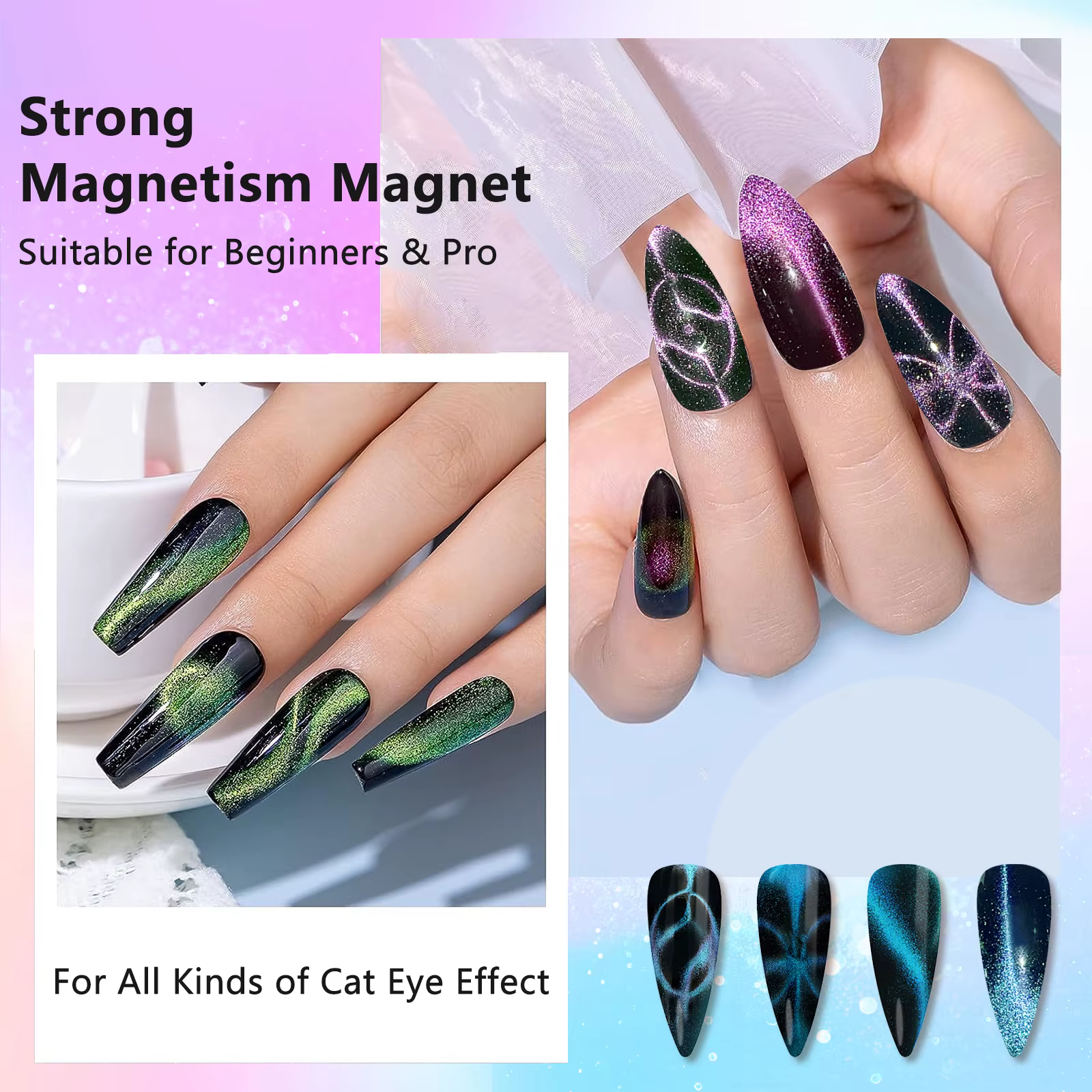 Outil magnétique pour ongles 3 en 1, aimant puissant œil de chat pour vernis à ongles Gel, outil mag