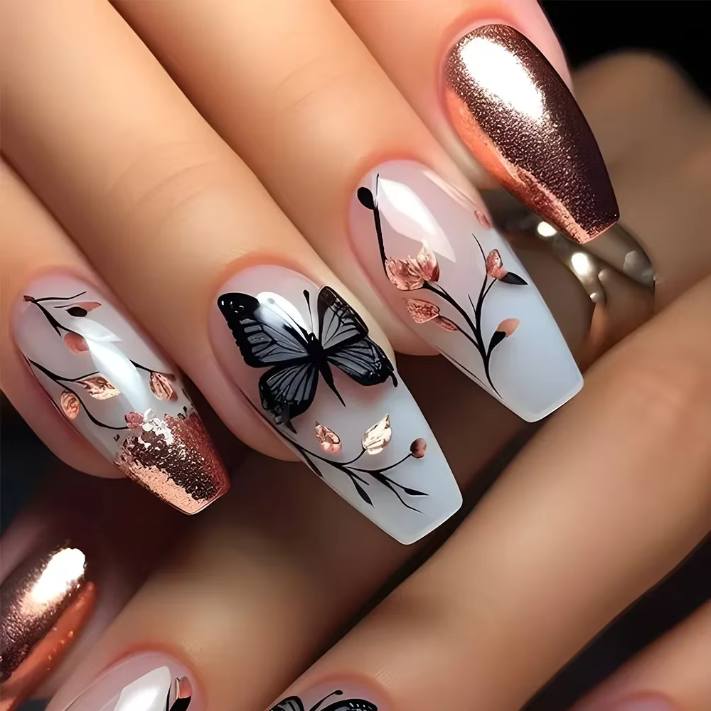 Faux Ongles Mi-Longs N64.avec Colle, Paillettes Portables, Poignées à Pression, Amovibles, Français,