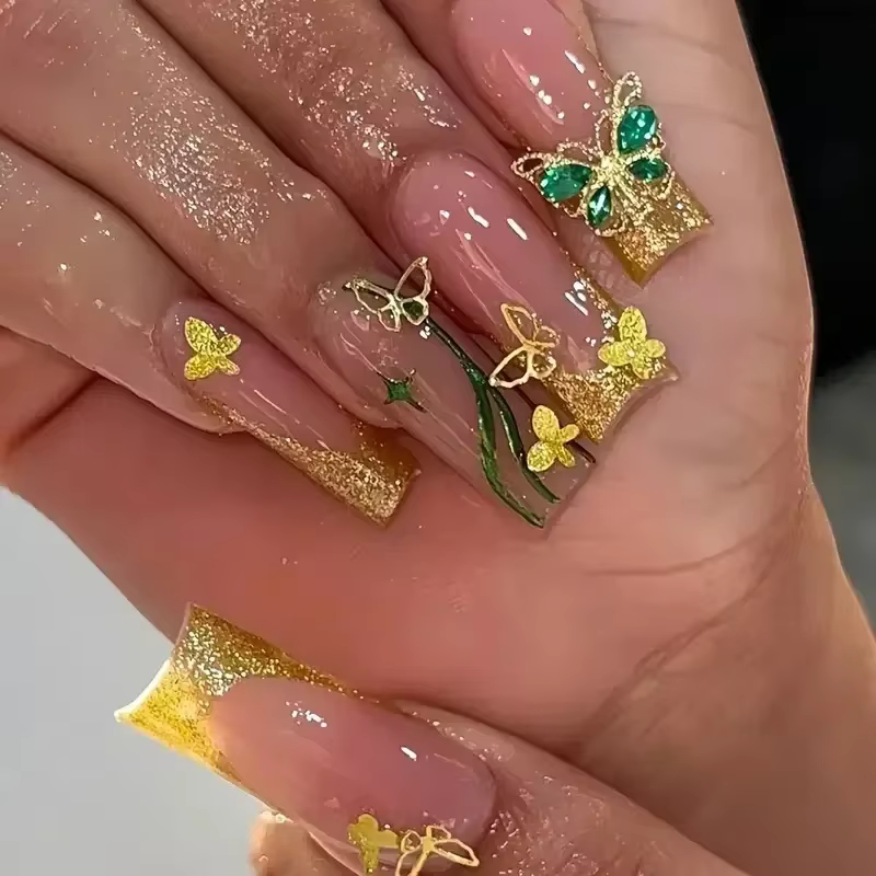 Faux ongles français verts avec diamant, papillon doré, élégants, artificiels en acrylique, longs et