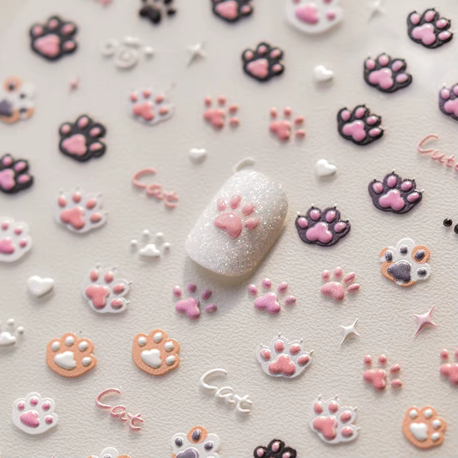 Autocollants pour ongles chat mignon gelée rose patte de chat dessin animé 5D en relief auto-adhésif