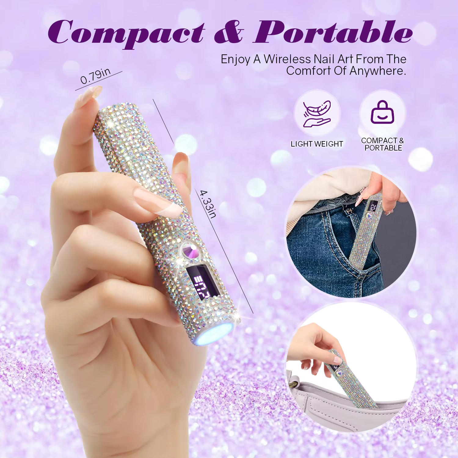 Mini lampe à ongles LED UV avec diamants, sèche-ongles portable pour durcir le vernis gel, machine d