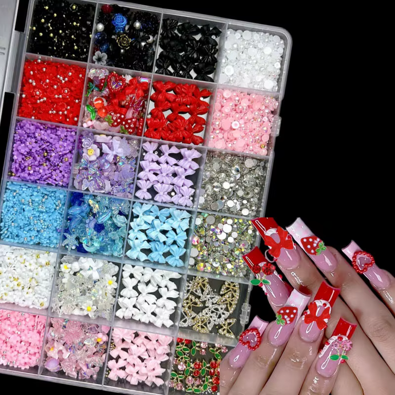 Ensemble de breloques pour Nail Art, bricolage, avec rubans, nœuds, fleurs, cerise, fraise et papill