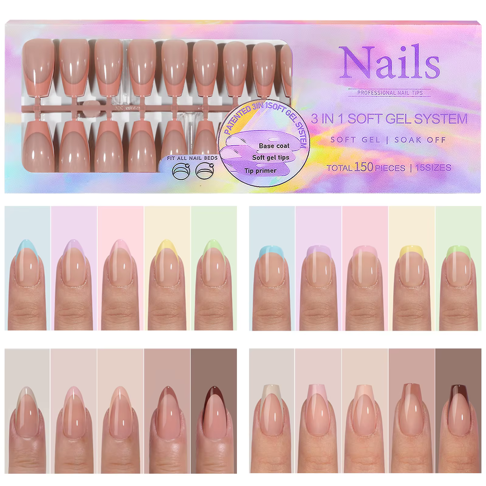 150 pièces multi-tailles faux ongles presse sur ongles acryliques amande français portant armure amo