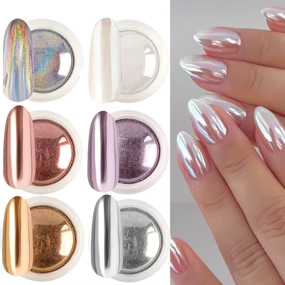6 pièces de poudre à ongles chromée effet miroir blanc, pigment or et argent, holographique, aurore,
