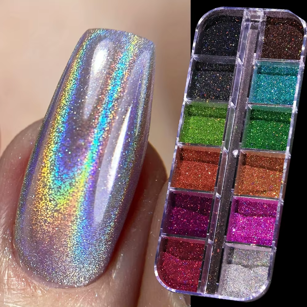 Ensemble de Poudre Holographique pour Ongles, Poussière de Frottement, Noir, Rose, Chrome, Paillette