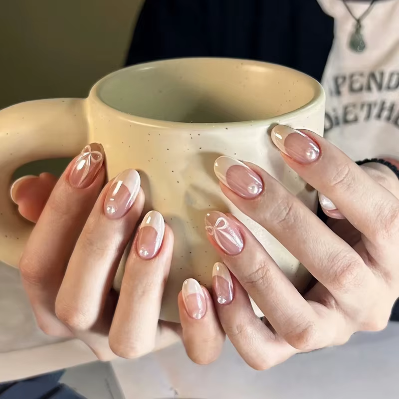 10 pièces blanc français rose coeur diamant manucure Art doux doux court ovale artificiel portant de