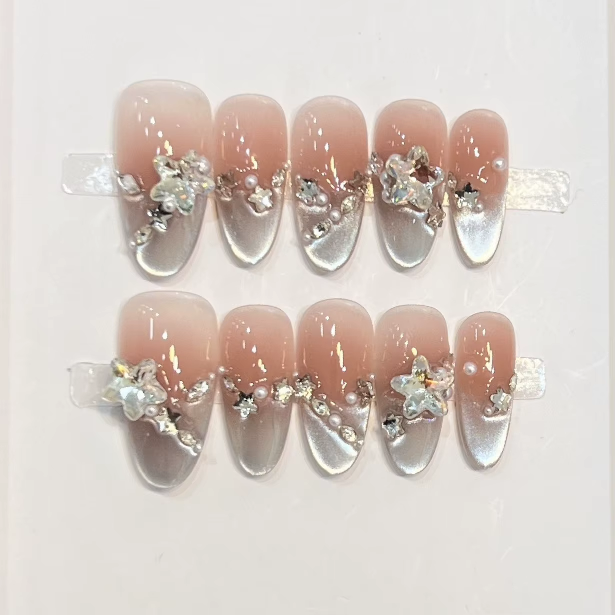 Faux ongles faits à la main, couverture complète, œil de chat doré, pointes à paillettes, tête ovale