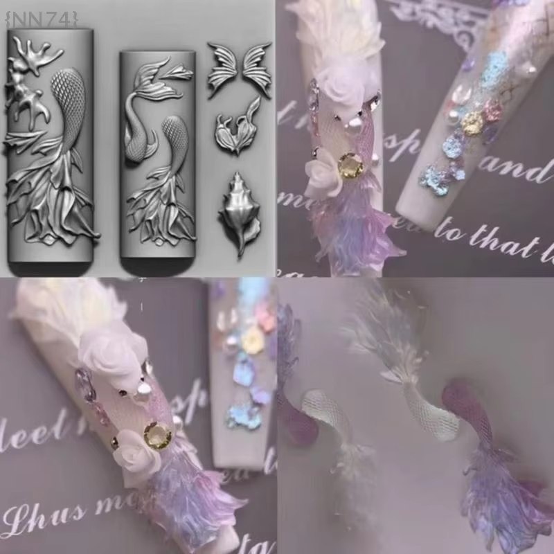 Moule à ongles en silicone 3D transparent – Style musique rétro/punk, modèles de queue de sirène et