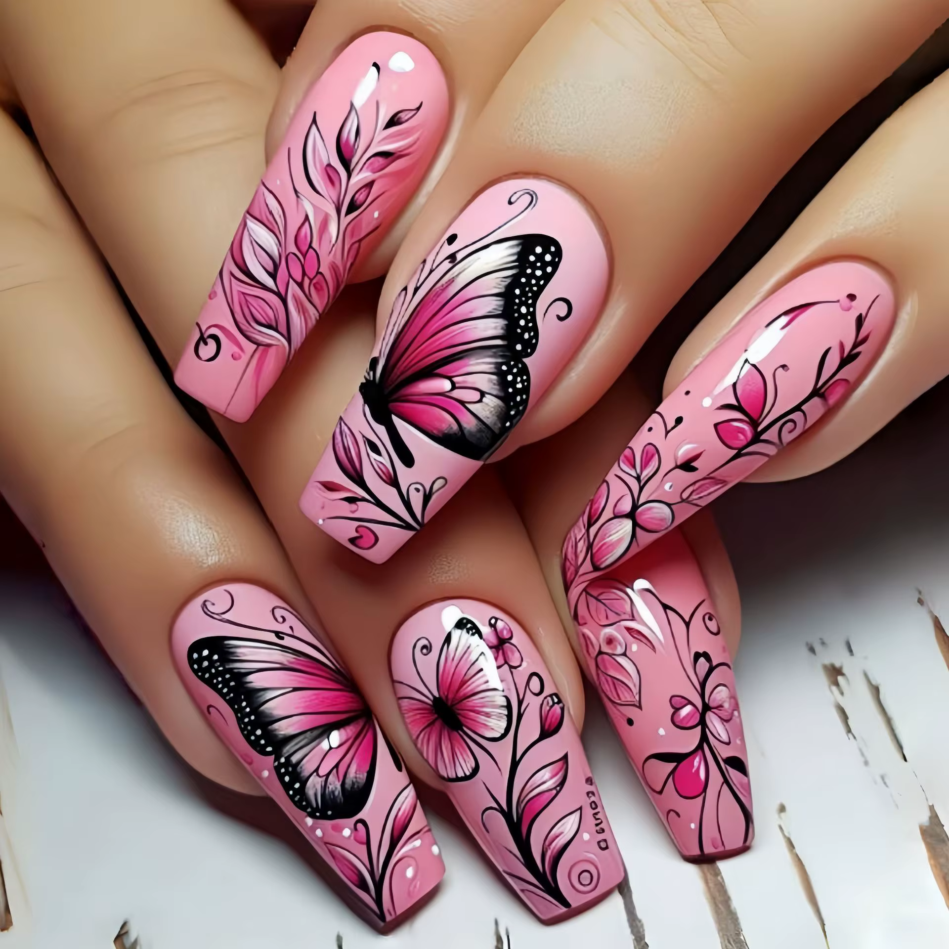 24 pièces/ensemble faux ongles mi-longs dégradé bleu océan poisson soleil fleurs papillon carré ball
