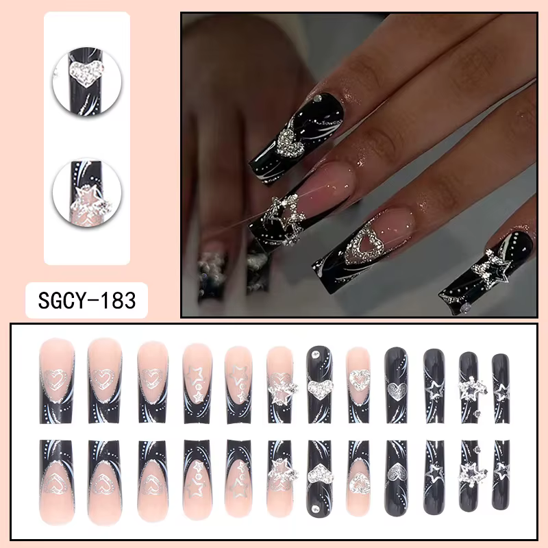 Ensemble de 24 pointes d'ongles français noires de forme rectangulaire, à la mode, avec paillettes e
