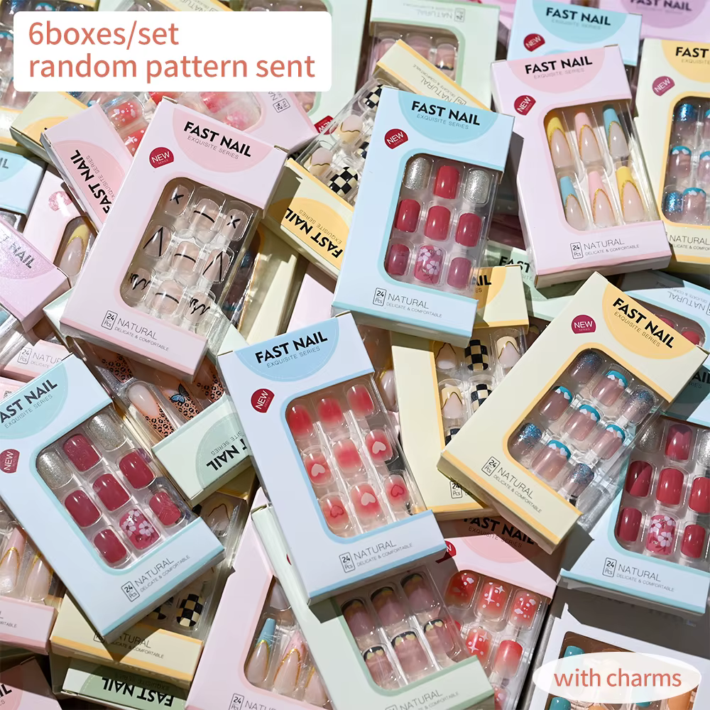 6 boîtes/ensemble court carré faux ongles amour design presse sur ongles Style mixte motif aléatoire