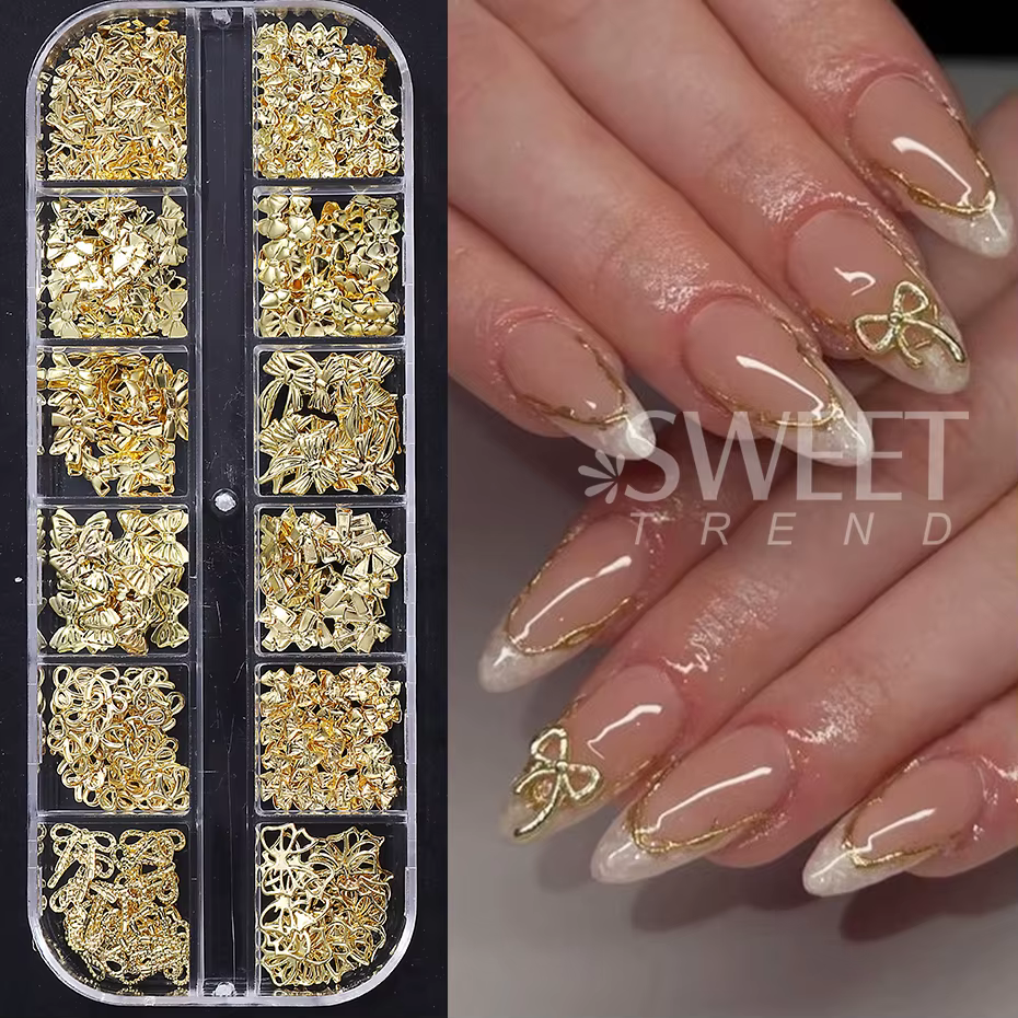 12 grilles en métal arc Nail Art charme or 3D nœud papillon ruban ongles décoration pièces bricolage