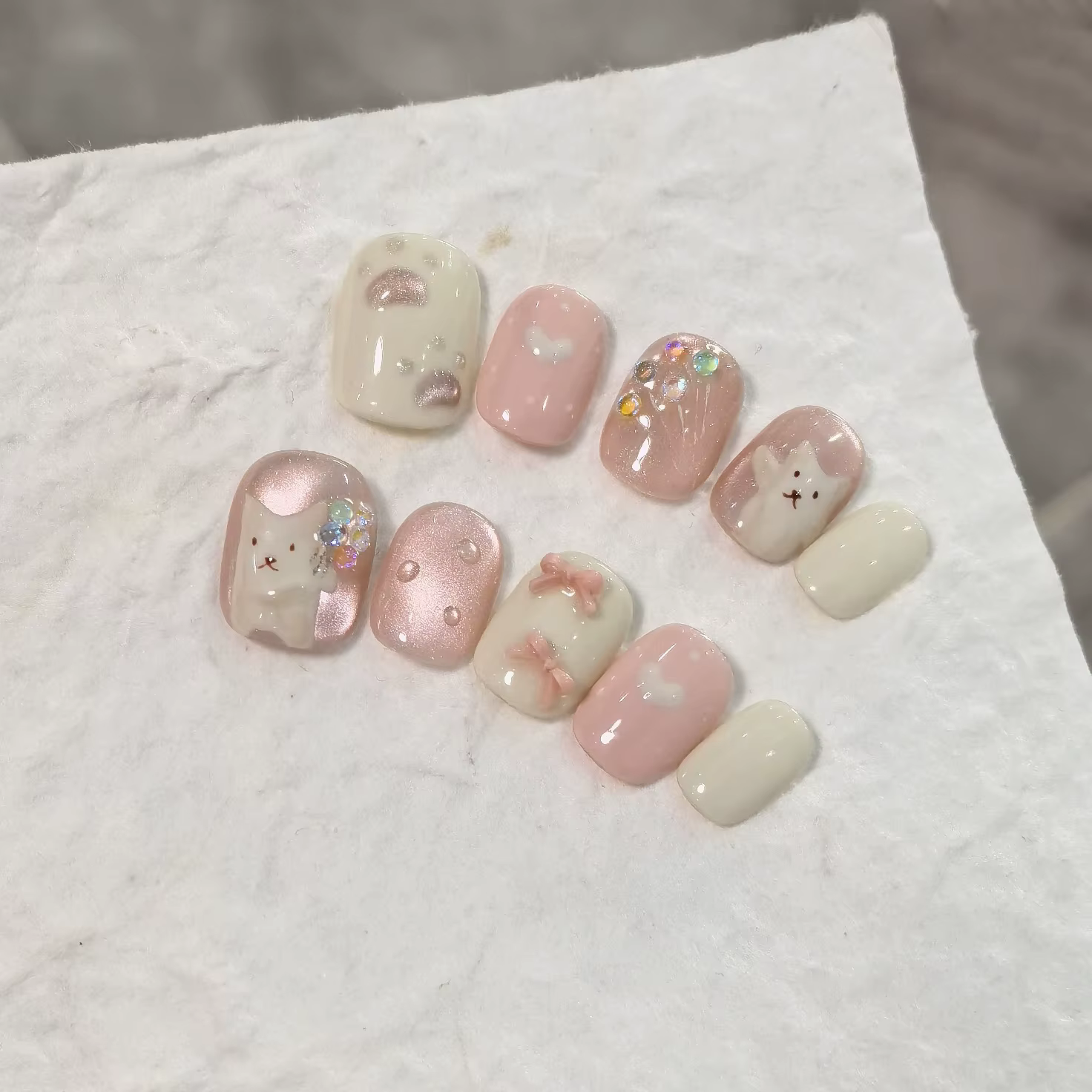 Ensemble de 10 ongles à pression faits à la main, nœud papillon en forme de chat mignon, Design d'am