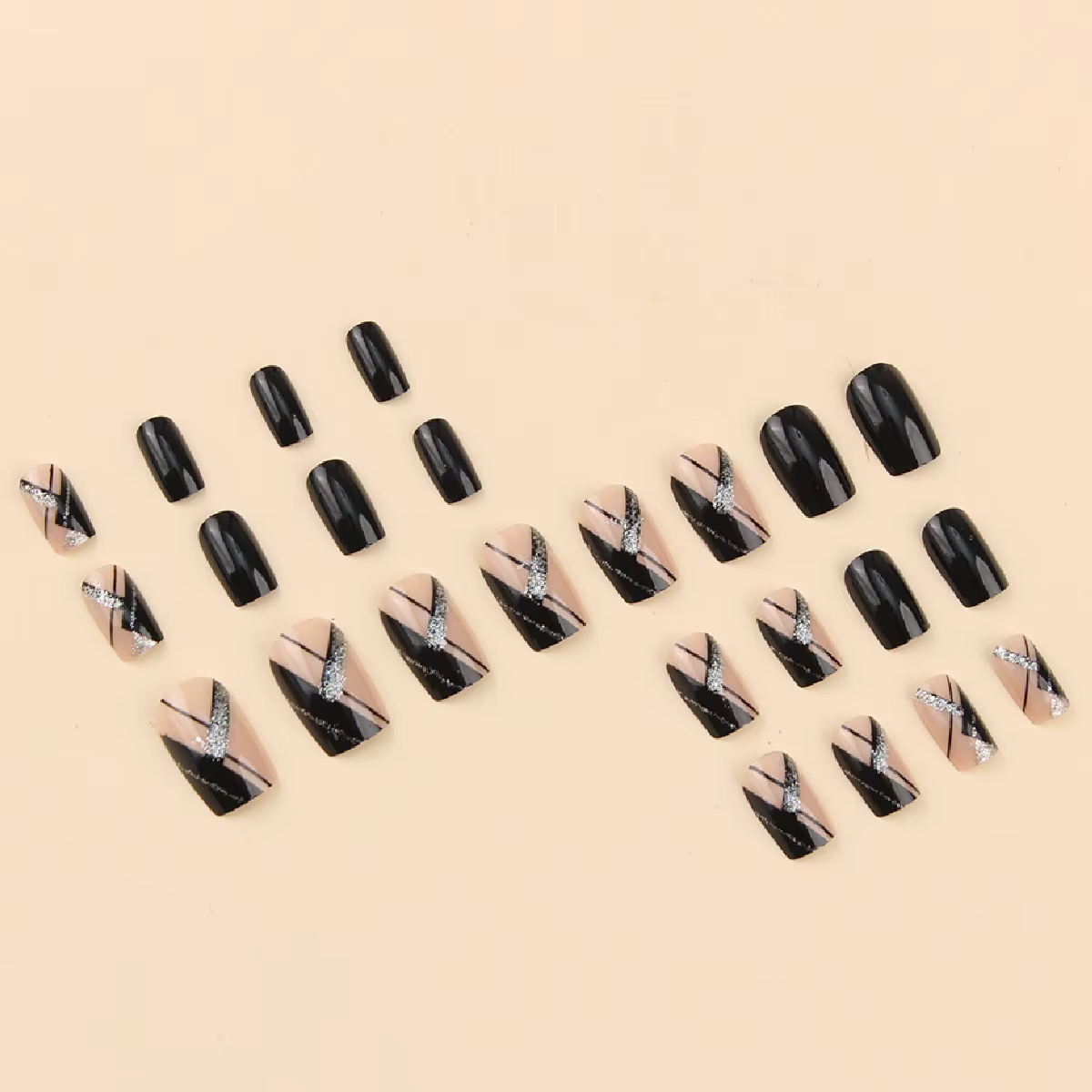 24 pièces carré noir couverture courte presse sur ongles argent rayure faux ongles réutilisable faux