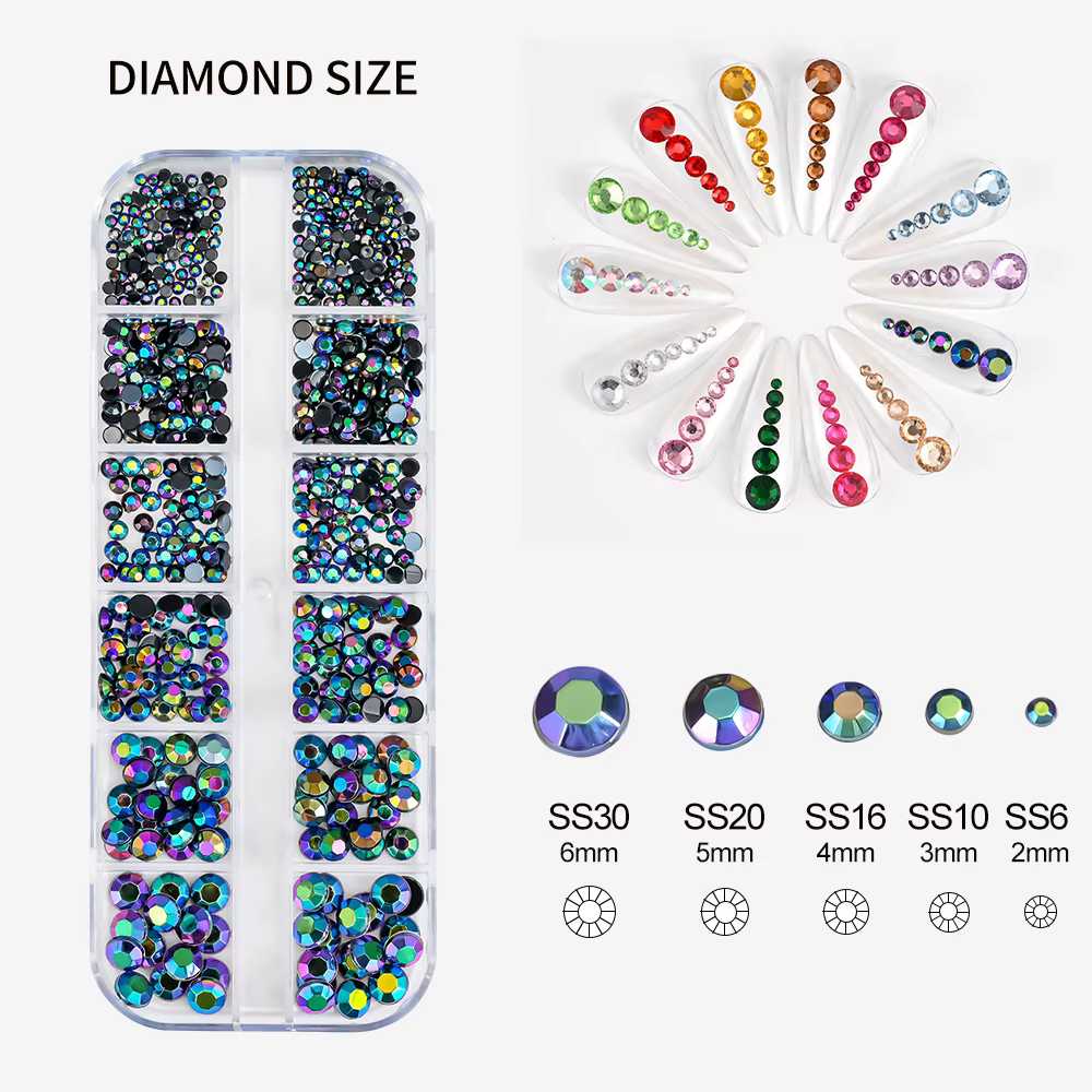 12Gird 3D verre AB cristal Nail Art strass Kit Flatback rond perle charme pierres précieuses bijoux