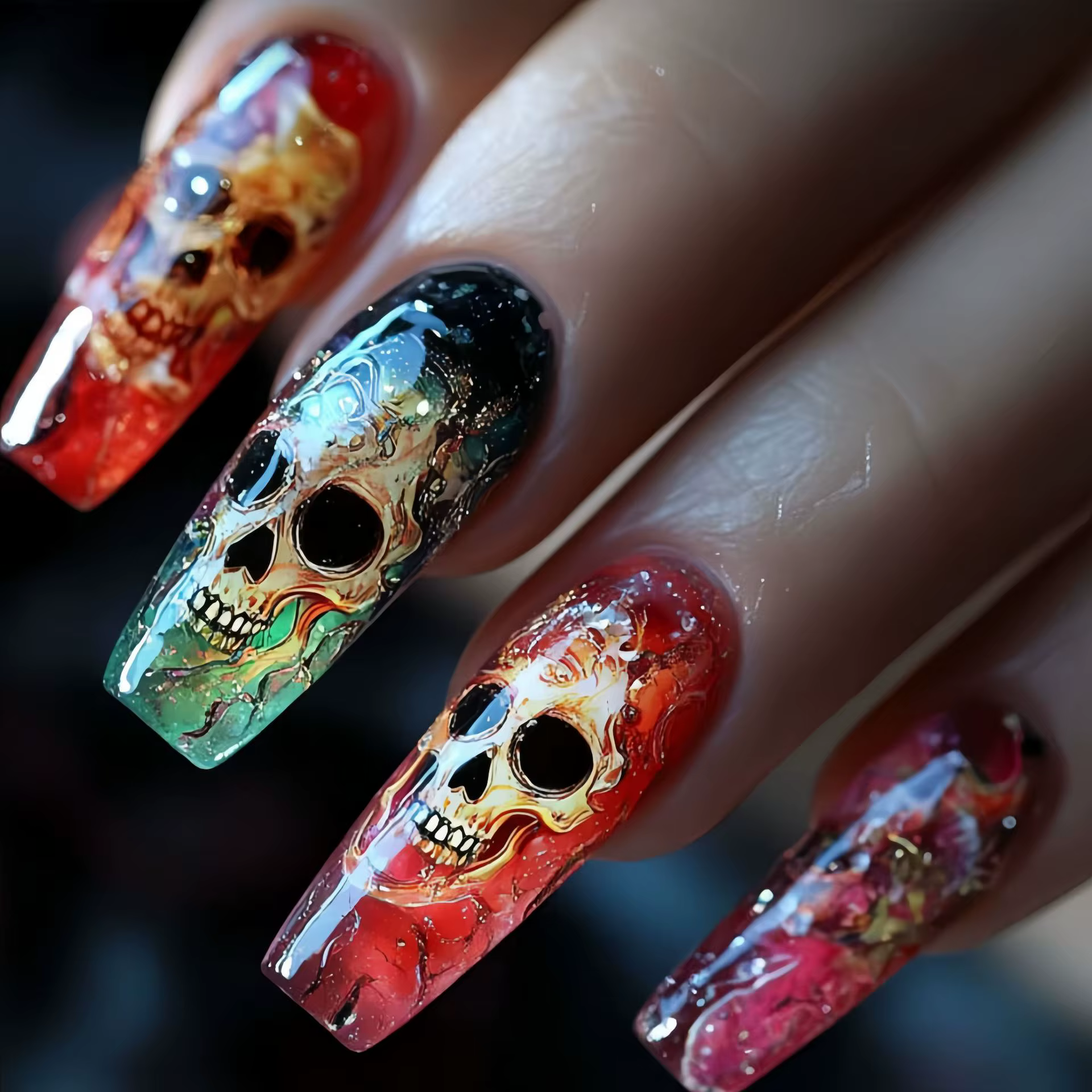 24 faux ongles longs rouge foncé avec colle, motif crâne et fleurs d'horreur, style français à press