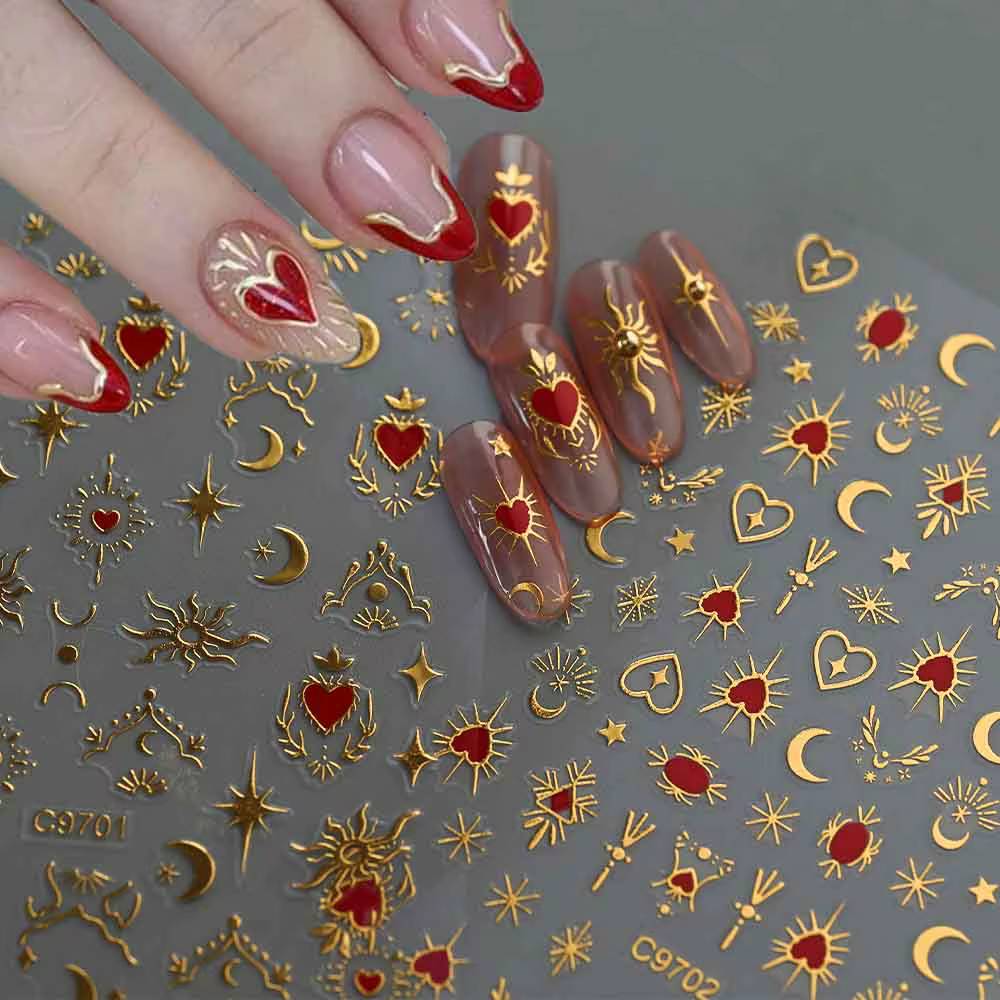 1 pièce Autocollants 3D pour ongles, Cœur d'amour doré bronzant, Y2K, Étoiles holographiques, Soleil