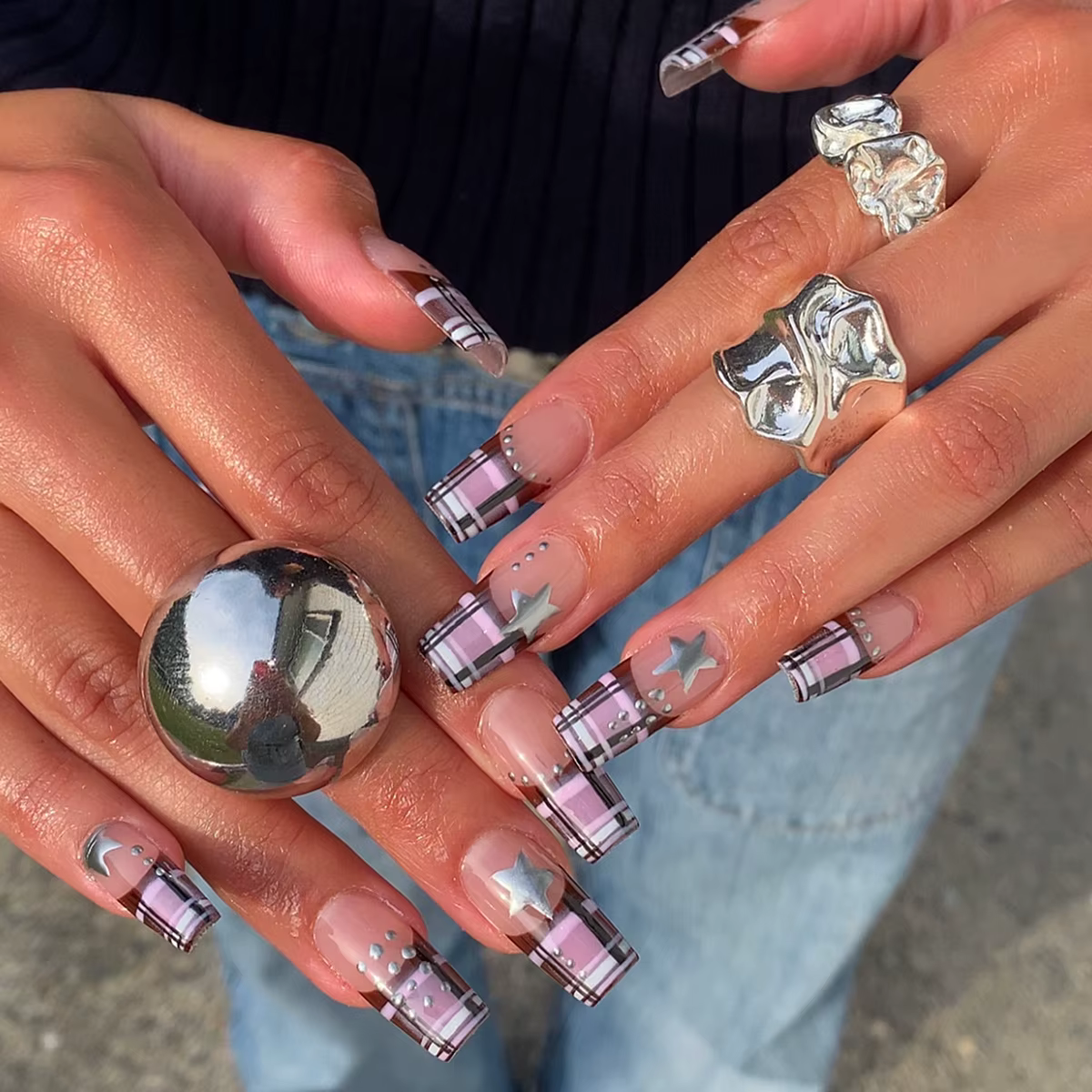 24 pièces Y2K filles charme manucure coloré français presse sur ongles rayure/point imprimé ballerin
