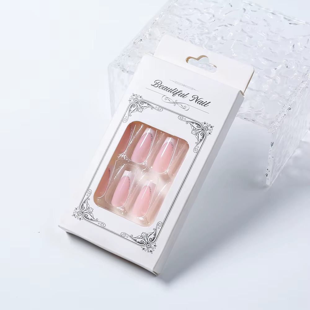 Faux ongles cercueil carrés courts, 24 pièces, à paillettes françaises, portables, couverture complè