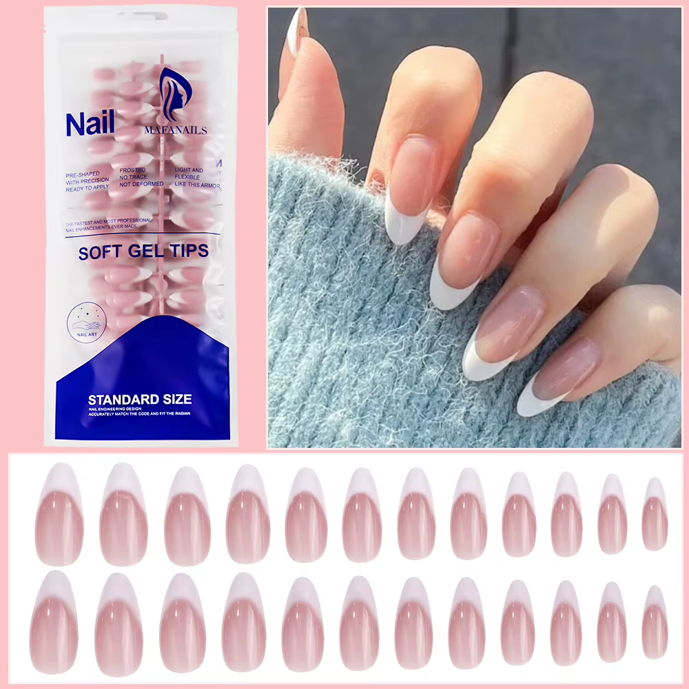120/150 pièces Faux ongles français ovales moyens dégradés rose bleu, à motifs pois mignons/nœuds/im