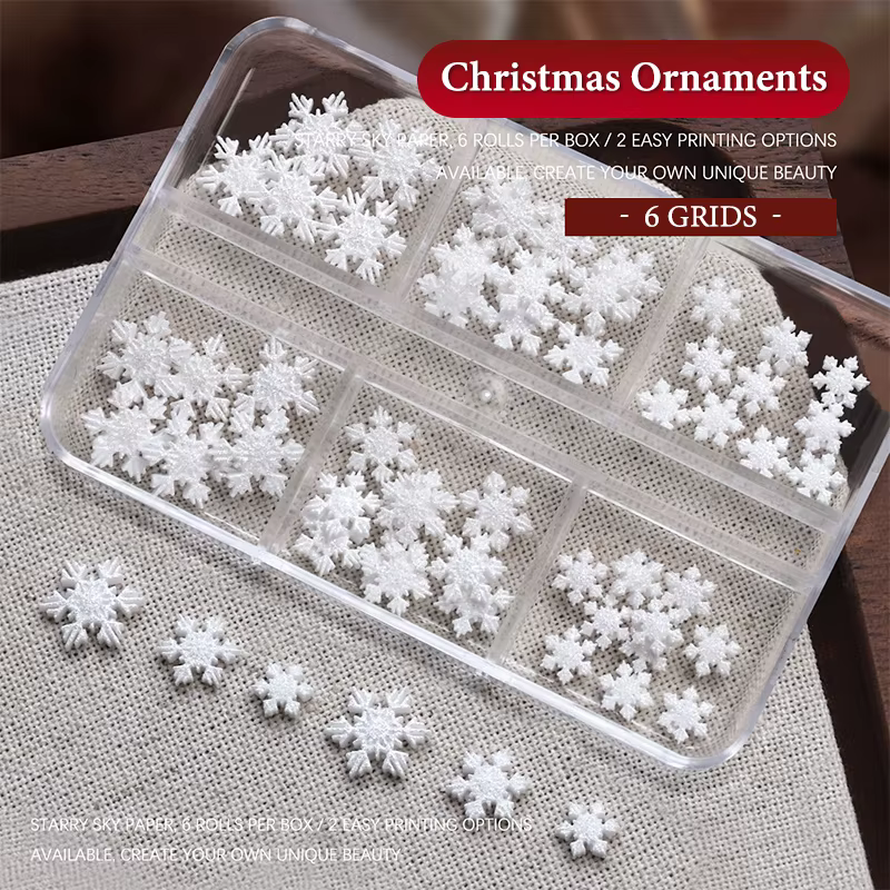 6 grilles/boîte de perles de noël rouge/vert, flocon de neige, strass pour ongles, taille mixte, per