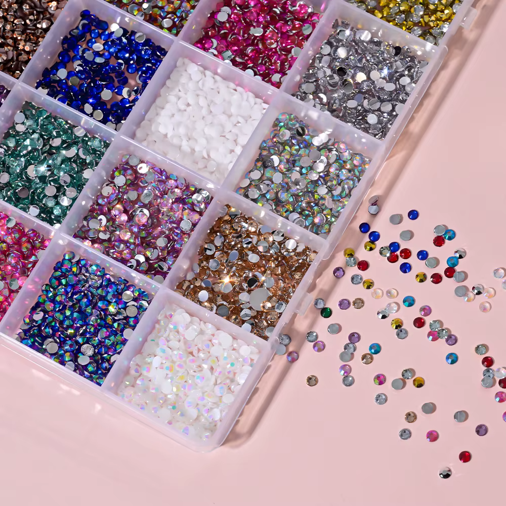 1 boîte 3D coloré rond Nail Art strass Flatback Galss diamant gemmes bijoux ongles breloques bricola