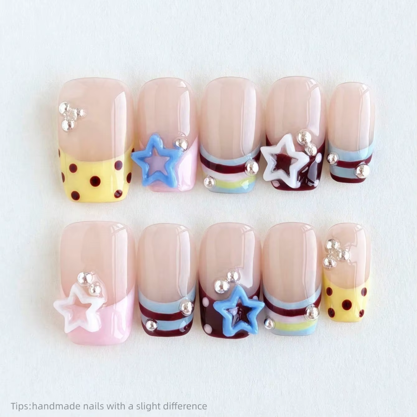 10 faux ongles carrés courts à motifs étoiles et pois colorés faits à la main, à presser, couvrants,