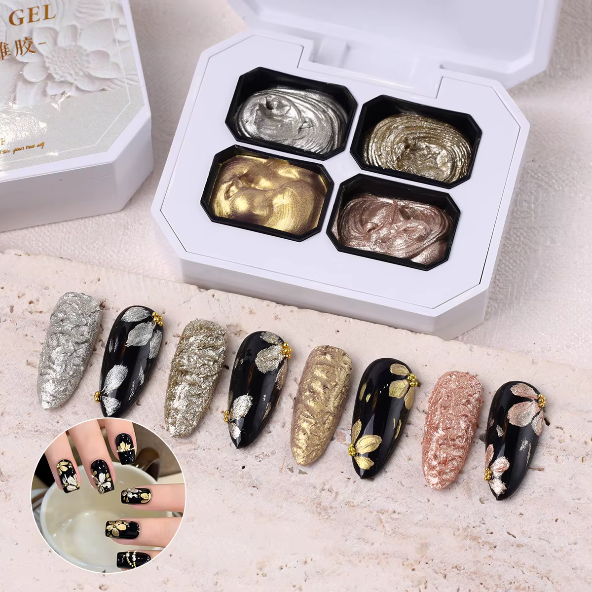 Palette de gel à ongles Morda 2,5g x 4 grilles, gel granulé métallique en relief, gel de sculpture 3