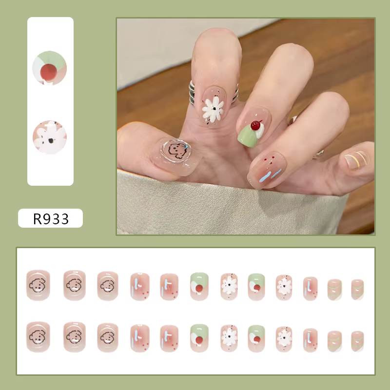 24 pièces Blush faux ongles avec colle fleur chiot été presse sur ongles avec onglets collants migno