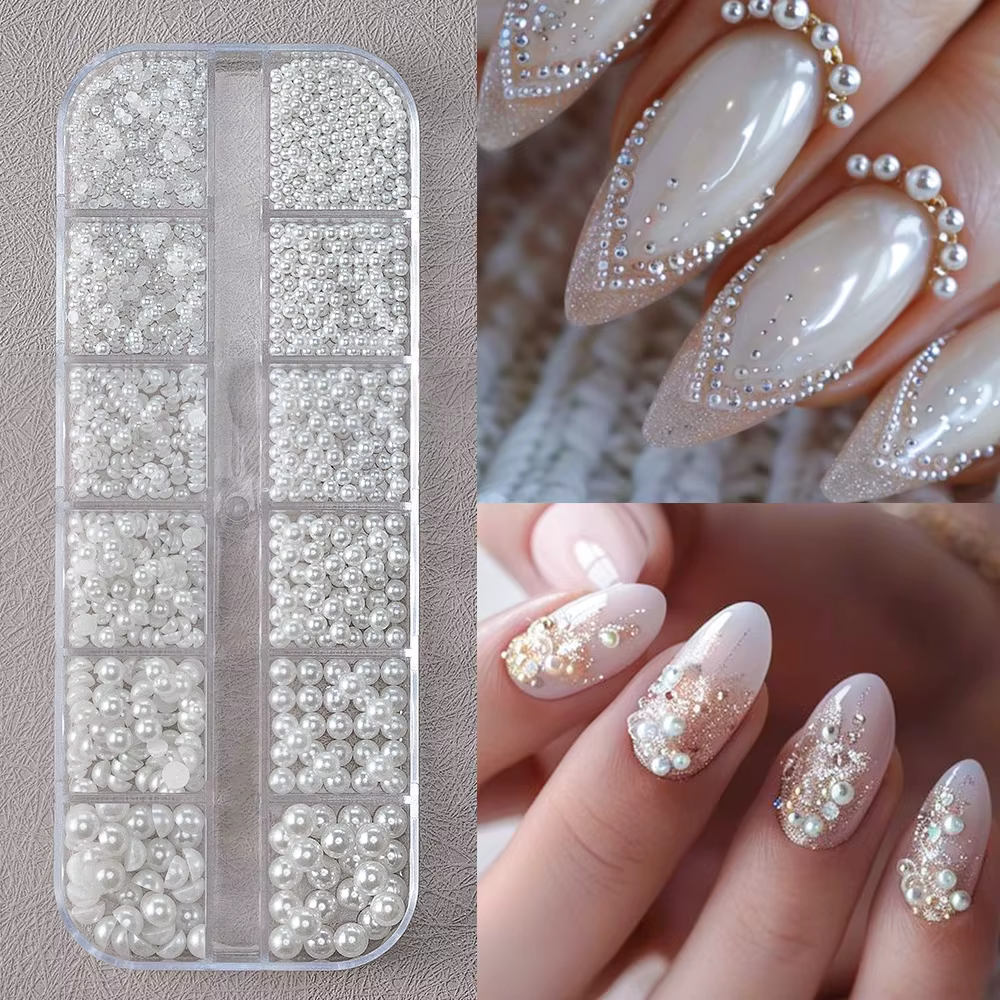12 grilles 3D perles blanches mélangées breloques pour ongles 0.15-0.5mm perles rondes/demi-cercle N