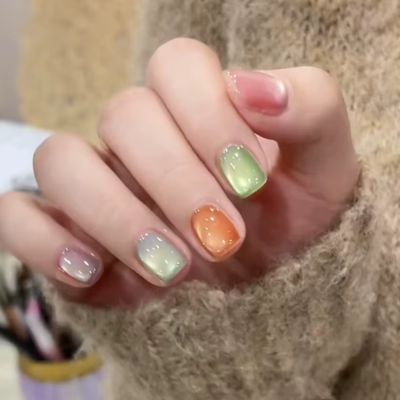 Faux ongles de Ballet courts et simples, couleur dégradée, portables, avec Design œil de chat, à pre
