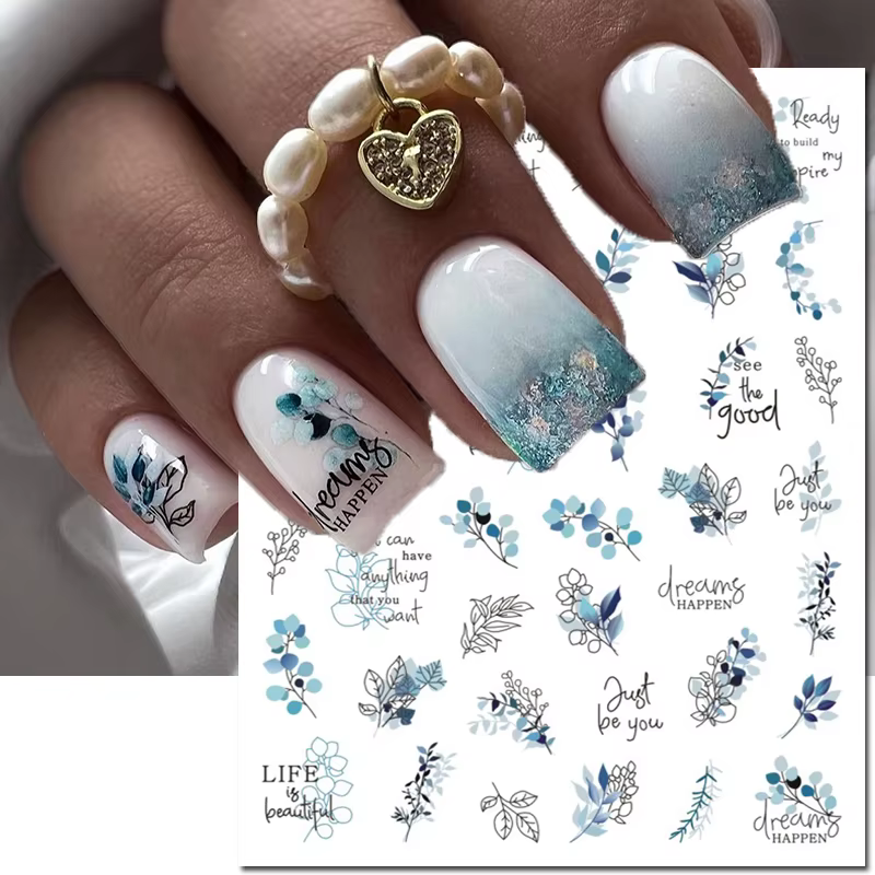 Autocollants 3d pour Nail Art, lignes de dessin noires, feuilles bleues, fleurs, lettres, curseur ad