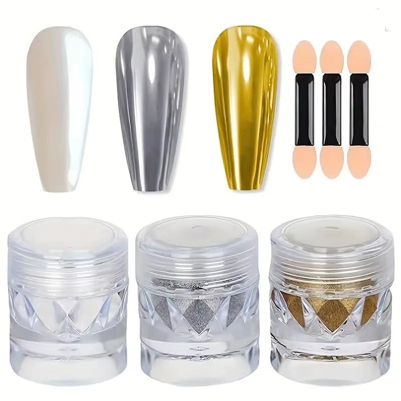 Ensemble de poudre de paillettes pour ongles, 3 pièces, effet miroir aurore, poussière holographique