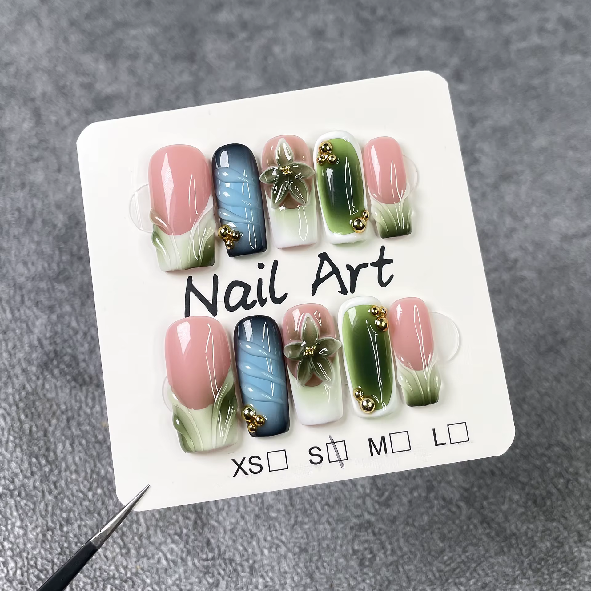 10 pièces 3D fleur verte à la main presse sur ongles français faux ongles portable ongles à coller f