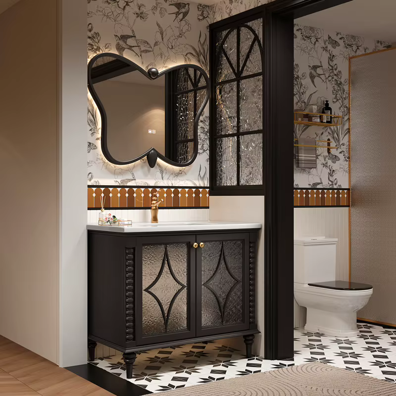 Armoire de salle de bain Vintage noire, meuble de rangement minimaliste sur pied, tiroirs muraux, Ba