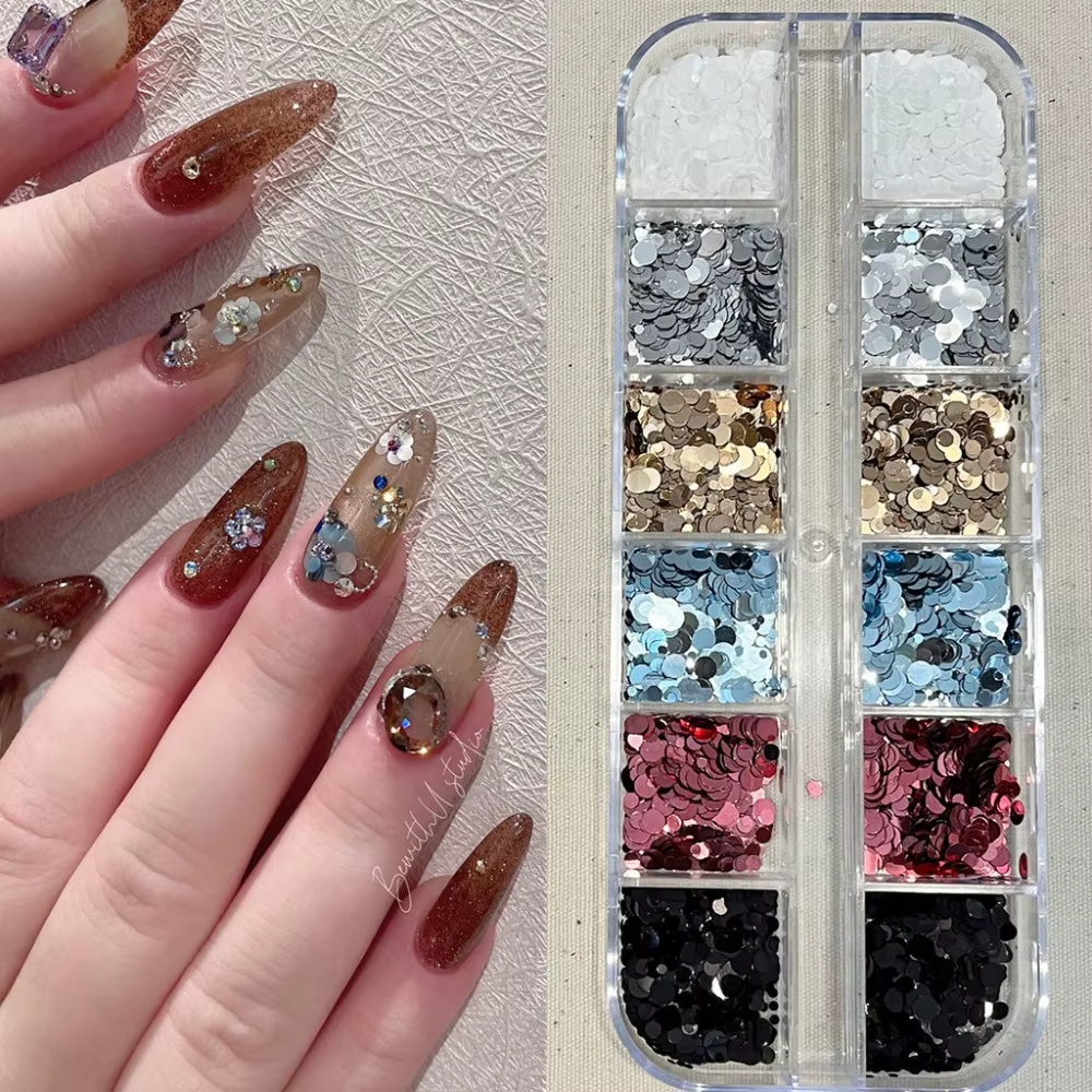 Décorations d'art d'ongles créatives à 12 compartiments, à pois et paillettes, accessoires d'ongles 