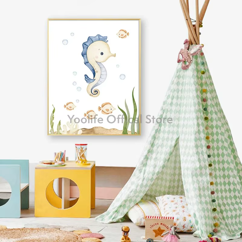 Impressions de pépinière d'animaux marins, dessin animé, tortue de mer, affiche d'interconnexion, ar