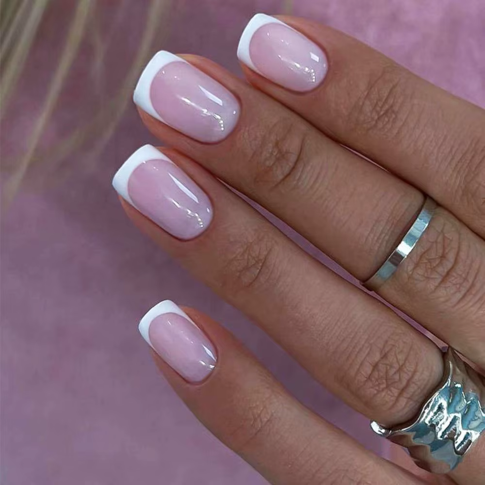 Faux ongles carrés courts, bouts d'ongles ballerine amovibles, presse à couverture complète, bord bl