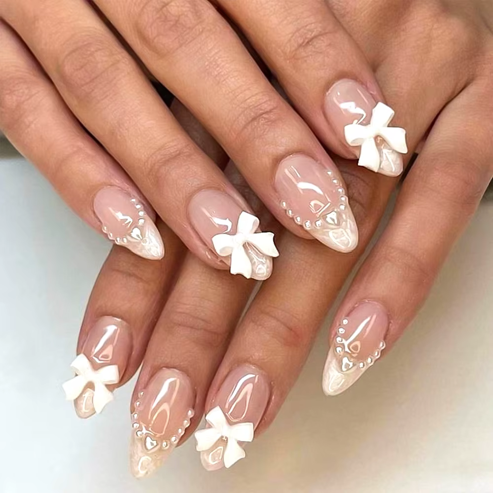 24 pièces (+ outils) perle arc nu rose presse sur ongles blanc français bout des doigts amande couve