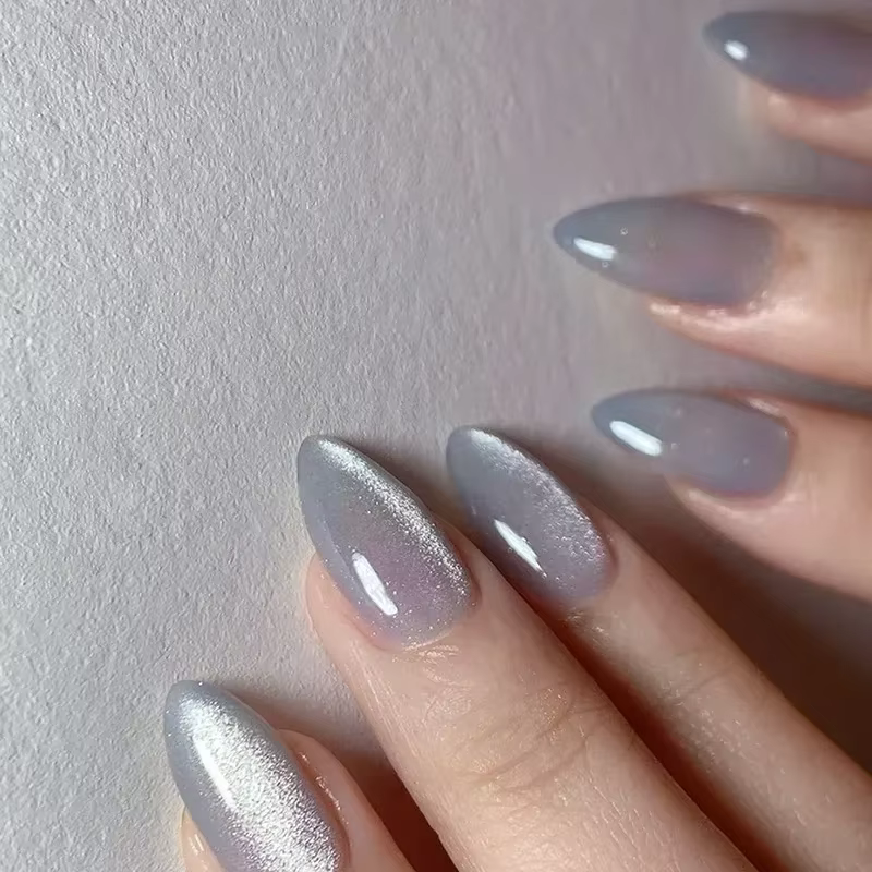 Faux ongles œil de chat en cristal, 24 pièces, courts, à pression en amande, brillant, bâton de pail