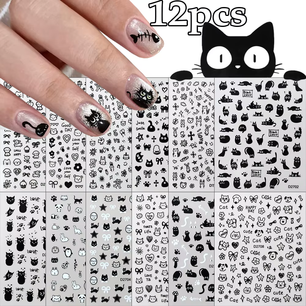 Ensemble d'autocollants pour ongles chat noir, 12 feuilles, dessin animé, Action Multiple, Kawaii, c