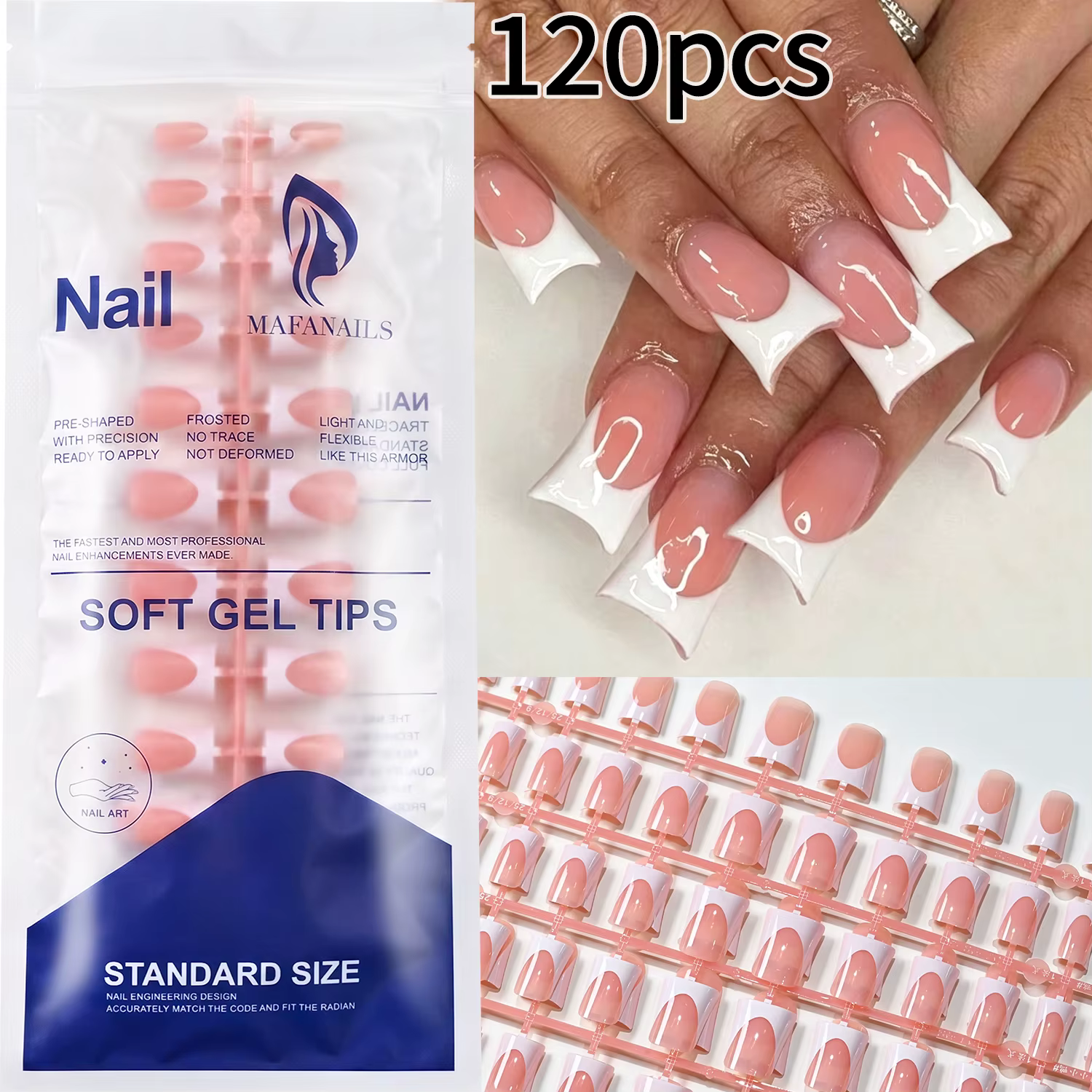 120 faux ongles blancs en forme de bec de canard, longueur moyenne, couleur nude, à presser, élégant