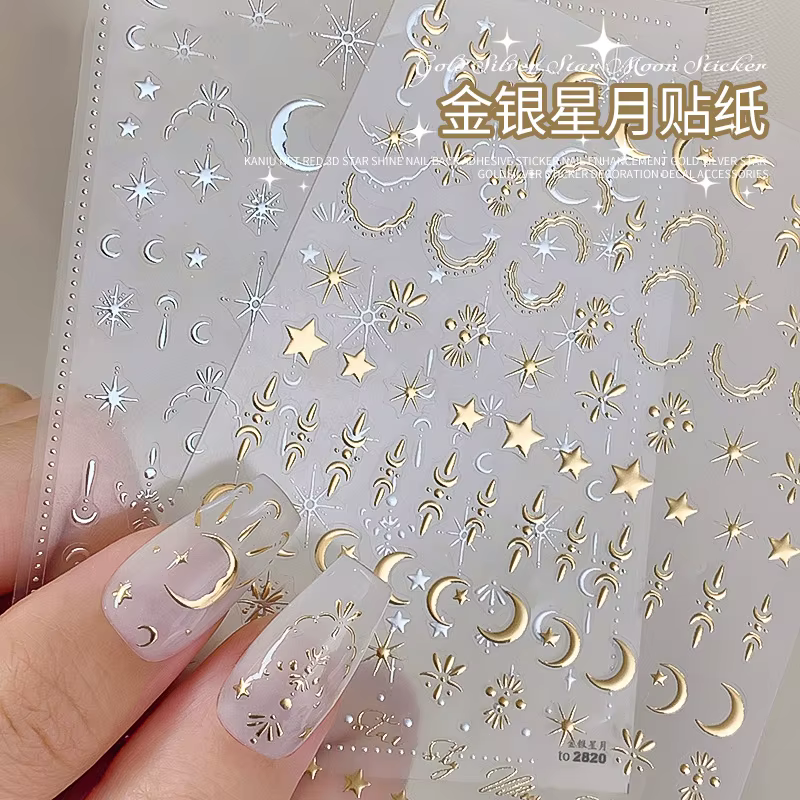 Autocollant 3D étoile/argent/soleil/lune bronzant pour Nail Art, Styles Laser étoile lune, décalcoma