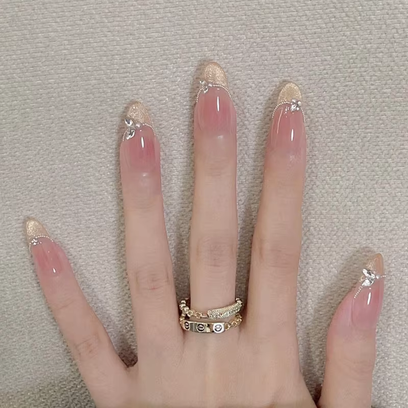 Faux ongles en forme d'amande à paillettes simples, avec colle, Design d'ongles ballerine, doux et f
