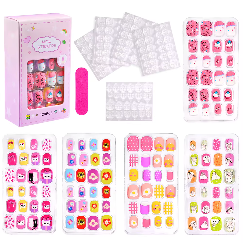 120 pièces/boîte dessin animé fille faux ongles conseils 5-12 ans mignon princesse chat/lapin/licorn