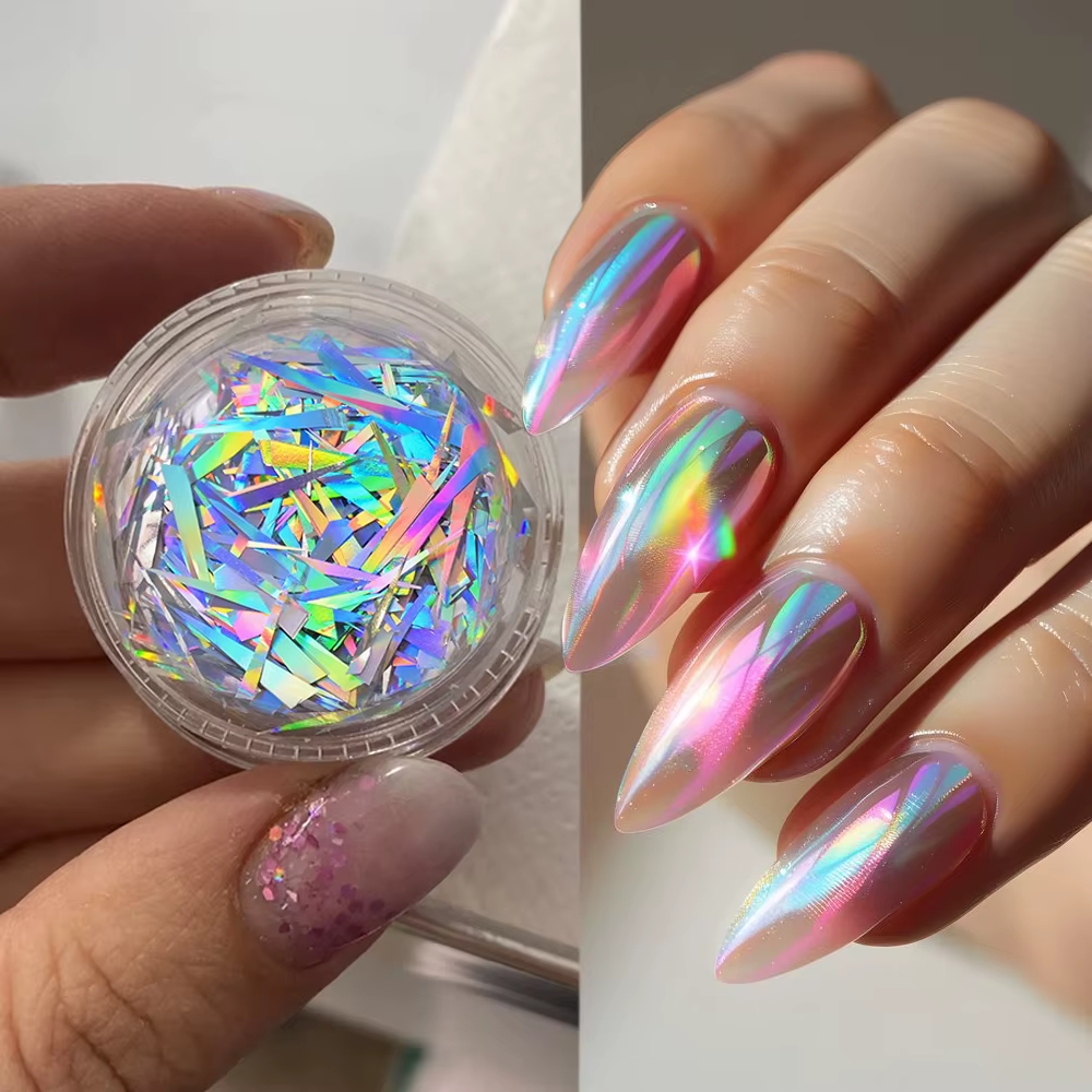 Autocollant pour ongles ligne effet verre, 1 pot, scintillant, aurore irrégulière, papier verre, pai